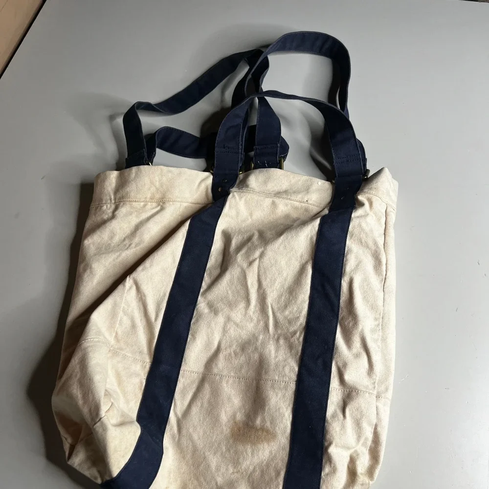 J.Crew Canvas Tote Bag Cream Navy Blue AH604 Large Travel Beach Carryall